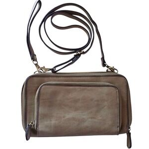 Joy Susan Taupe Vegan Leather Crossbody Wallet Bag Organizer Clutch Brass HW
